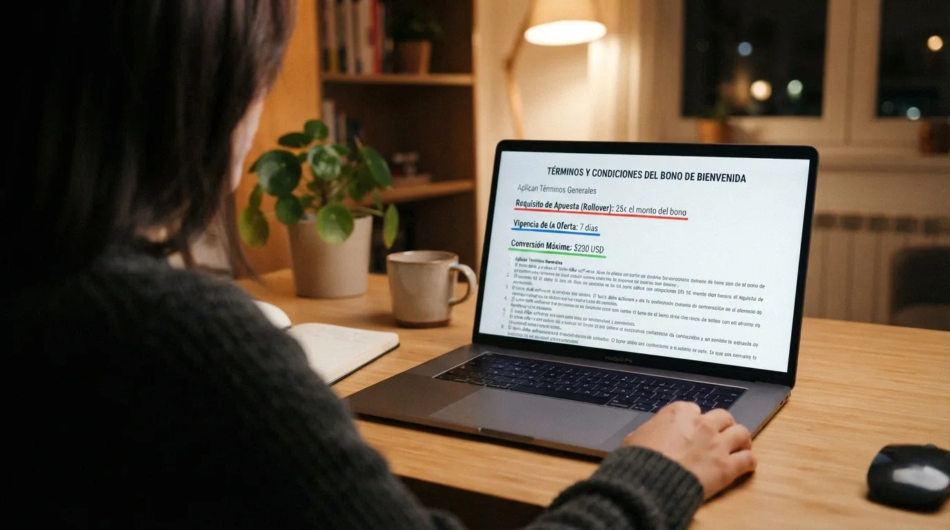 Pantalla de términos y condiciones de un bono de bienvenida en un casino online español, con el rollover, la caducidad y el importe máximo de conversión subrayados