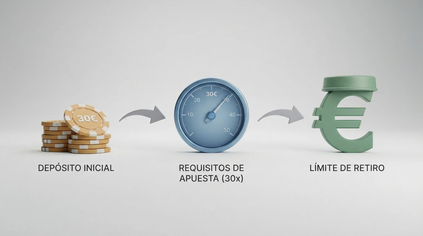 Representación visual del recorrido de un bono de 30€: el importe inicial, el requisito de apuesta y la ganancia máxima permitida