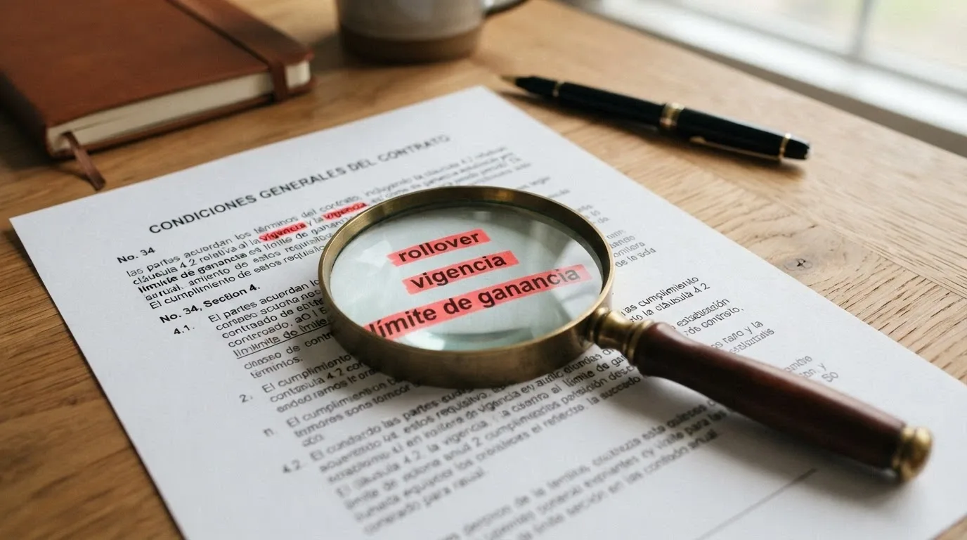 Primer plano de una lupa sobre la letra pequeña de un contrato, con los términos «rollover», «vigencia» y «límite de ganancia» subrayados en rojo