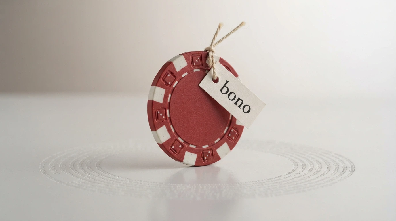 Un primer plano de una ficha de casino con una etiqueta de «bono» sobre ella, rodeada de líneas de texto fino que representan los términos y condiciones