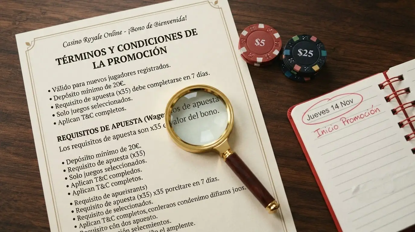 Primer plano de los términos de una promoción de tiradas gratis con lupa sobre el apartado de requisito de apuesta, junto a fichas de casino y un calendario que marca la fecha de caducidad