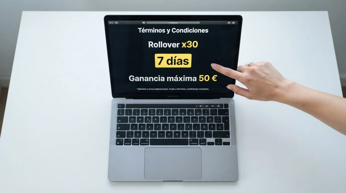 Primer plano de los términos de un bono sin depósito en pantalla con las cifras de rollover, plazo y ganancia máxima subrayadas en amarillo