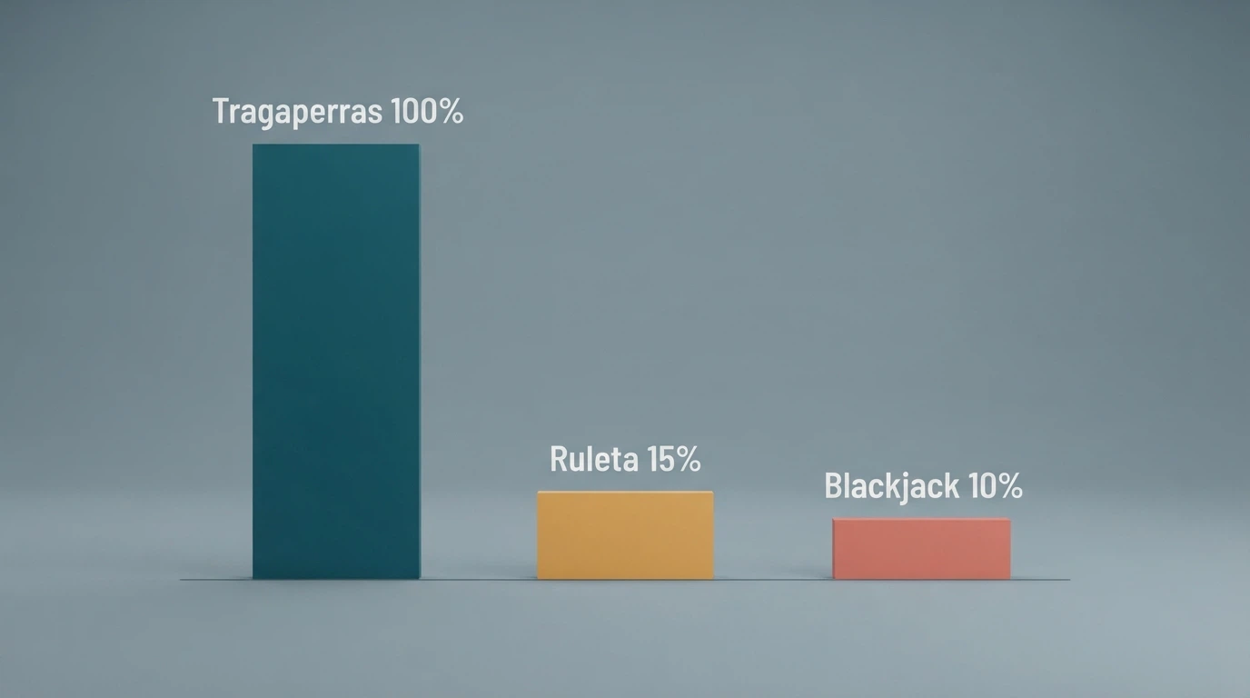 Un gráfico de barras comparando la contribución al rollover de tragaperras (100%), ruleta (15%) y blackjack (10%)
