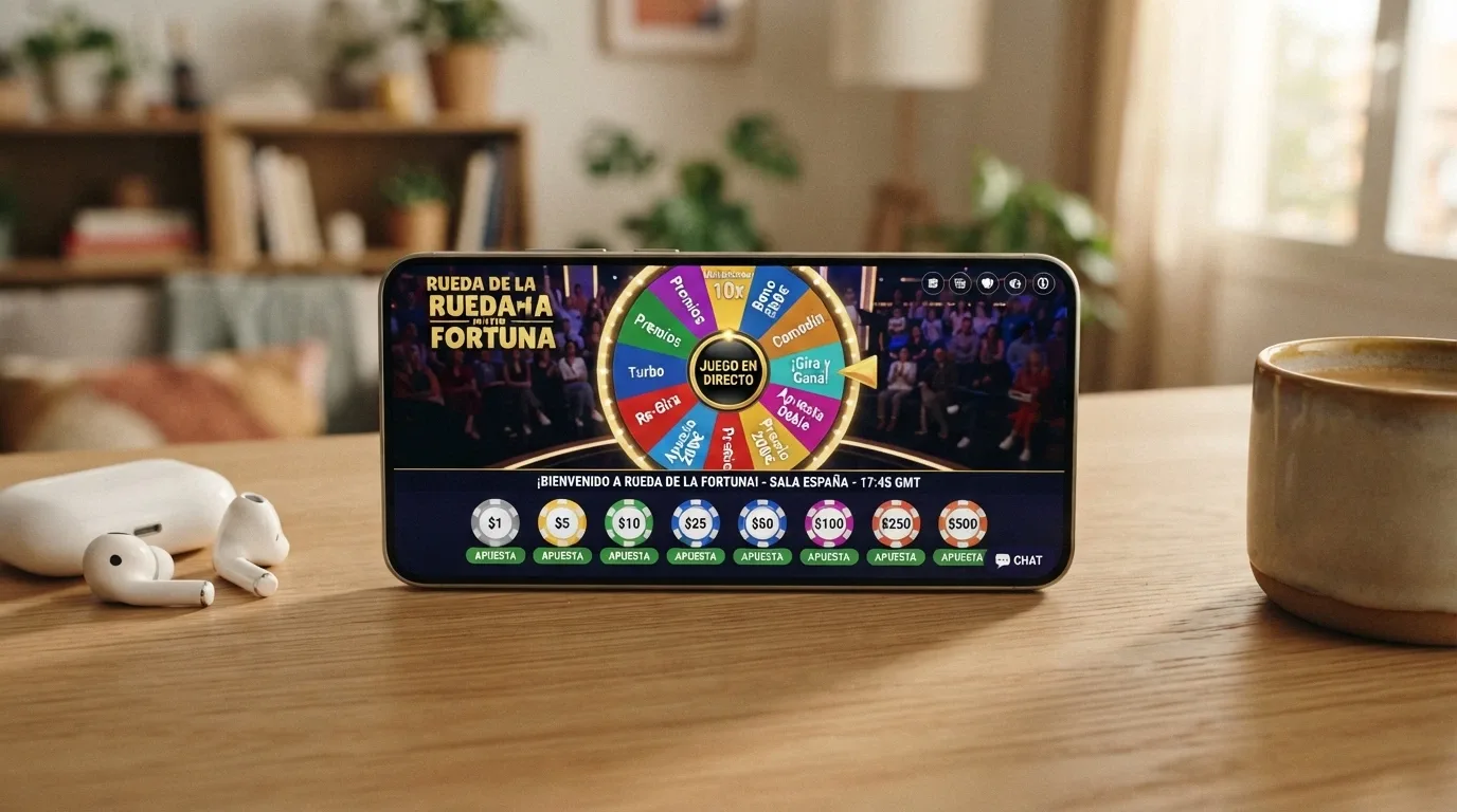 Un teléfono móvil en horizontal mostrando la interfaz de Crazy Time con la rueda visible, el panel de apuestas táctil y el chat en vivo en la parte inferior de la pantalla
