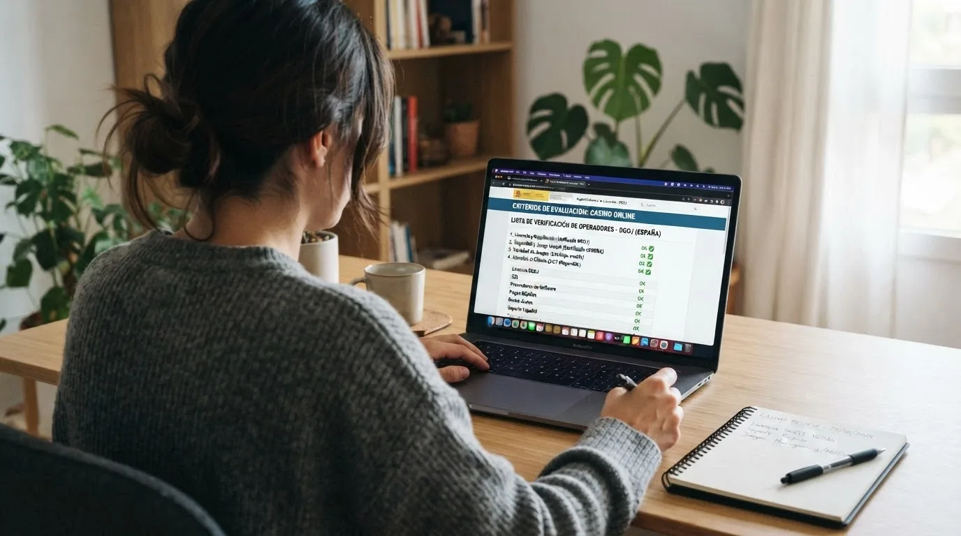 Lista de criterios de evaluación — licencia, condiciones del bono, facilidad de retiro, fiabilidad — sobre un fondo de pantalla de ordenador con el registro de la DGOJ abierto