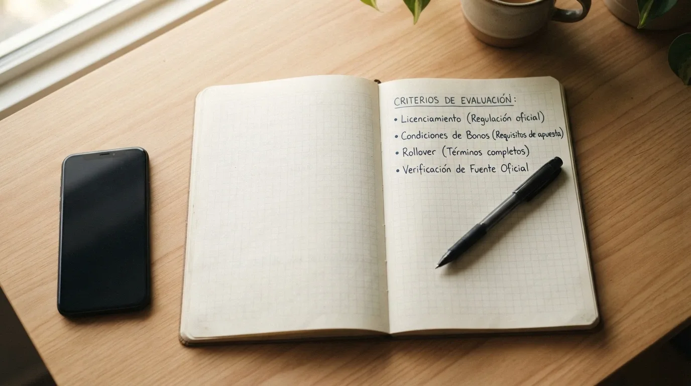 Lista de criterios de evaluación sobre una mesa de trabajo: licencia, condiciones del bono, rollover y verificación de fuentes oficiales
