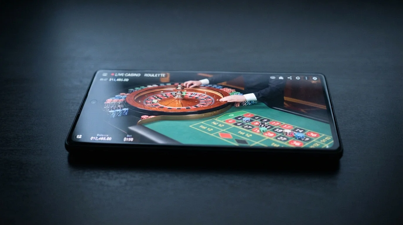 Un crupier real sonriendo detrás de una mesa de ruleta, visto a través de la pantalla de un teléfono en orientación horizontal, con fichas de apuesta en la interfaz