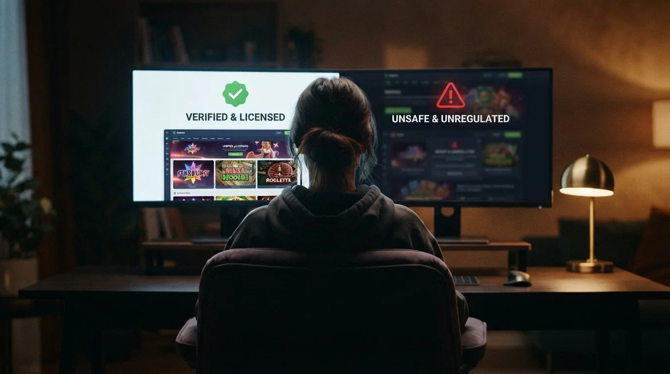 Un jugador sentado ante una pantalla con dos caminos visuales: un casino con licencia DGOJ verificado y otro con un signo de advertencia
