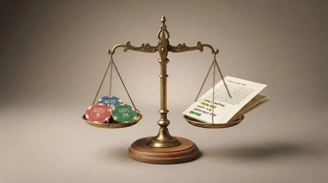 Una balanza con fichas de casino en un platillo y una tabla de condiciones en el otro, equilibrando riesgo y rentabilidad