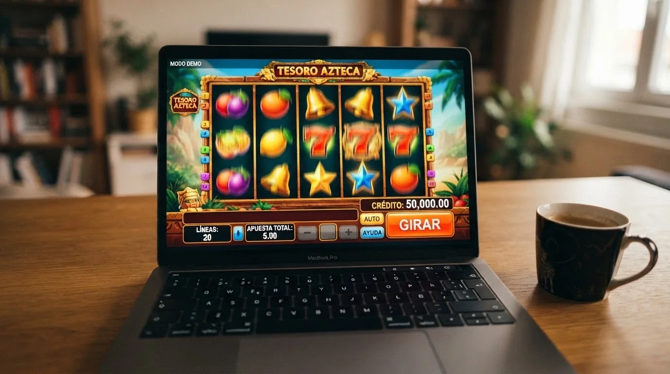 Interfaz de una slot de Hacksaw en modo demo, con el contador de crédito fcticio y el botón de «jugar gratis» señalado