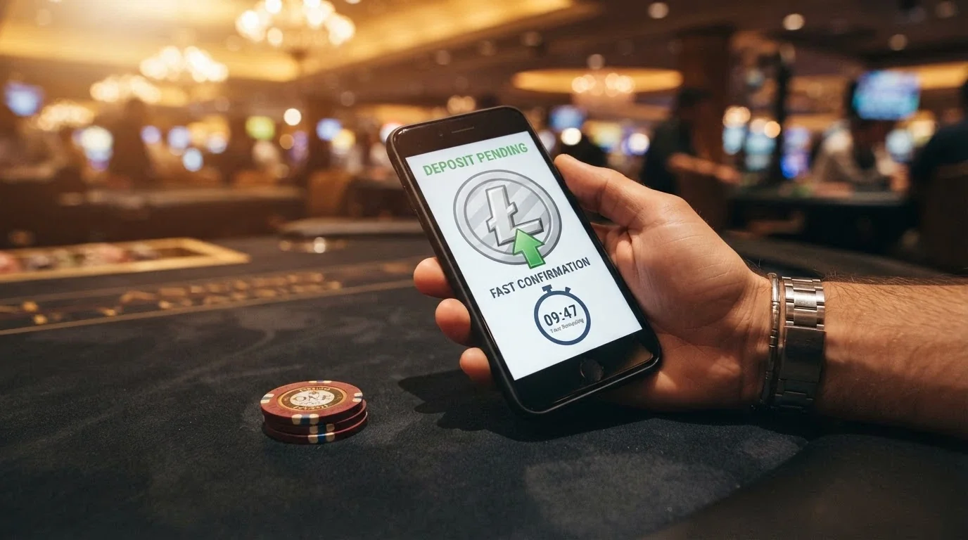 Una flecha que entra desde un monedero de criptomonedas hacia una ficha de casino y otra que sale de vuelta, con un cronómetro marcando menos de 10 minutos