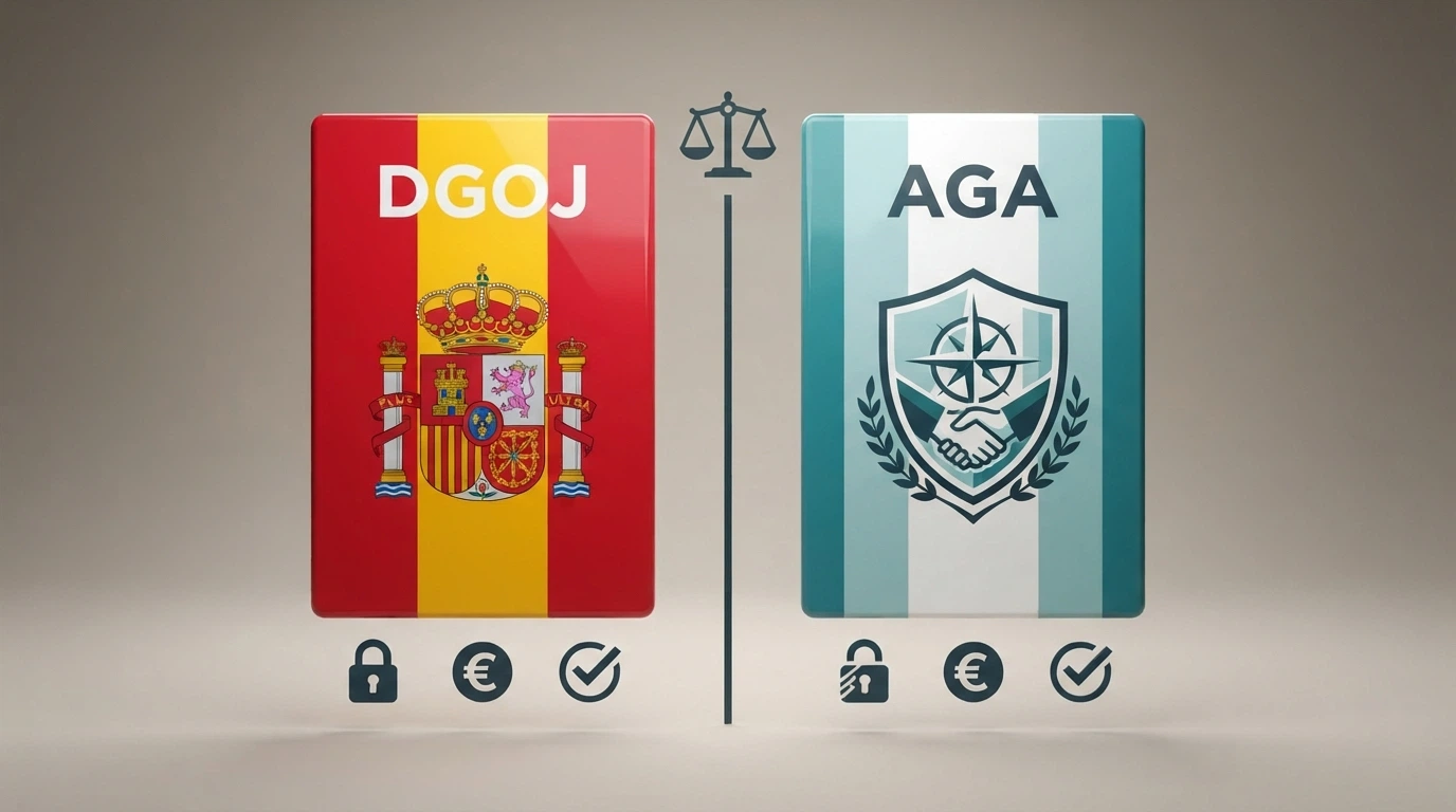 Gráfico comparativo con dos columnas: a la izquierda el logotipo de la DGOJ bajo la bandera española, a la derecha el logotipo de AGA bajo la bandera de las Comoras