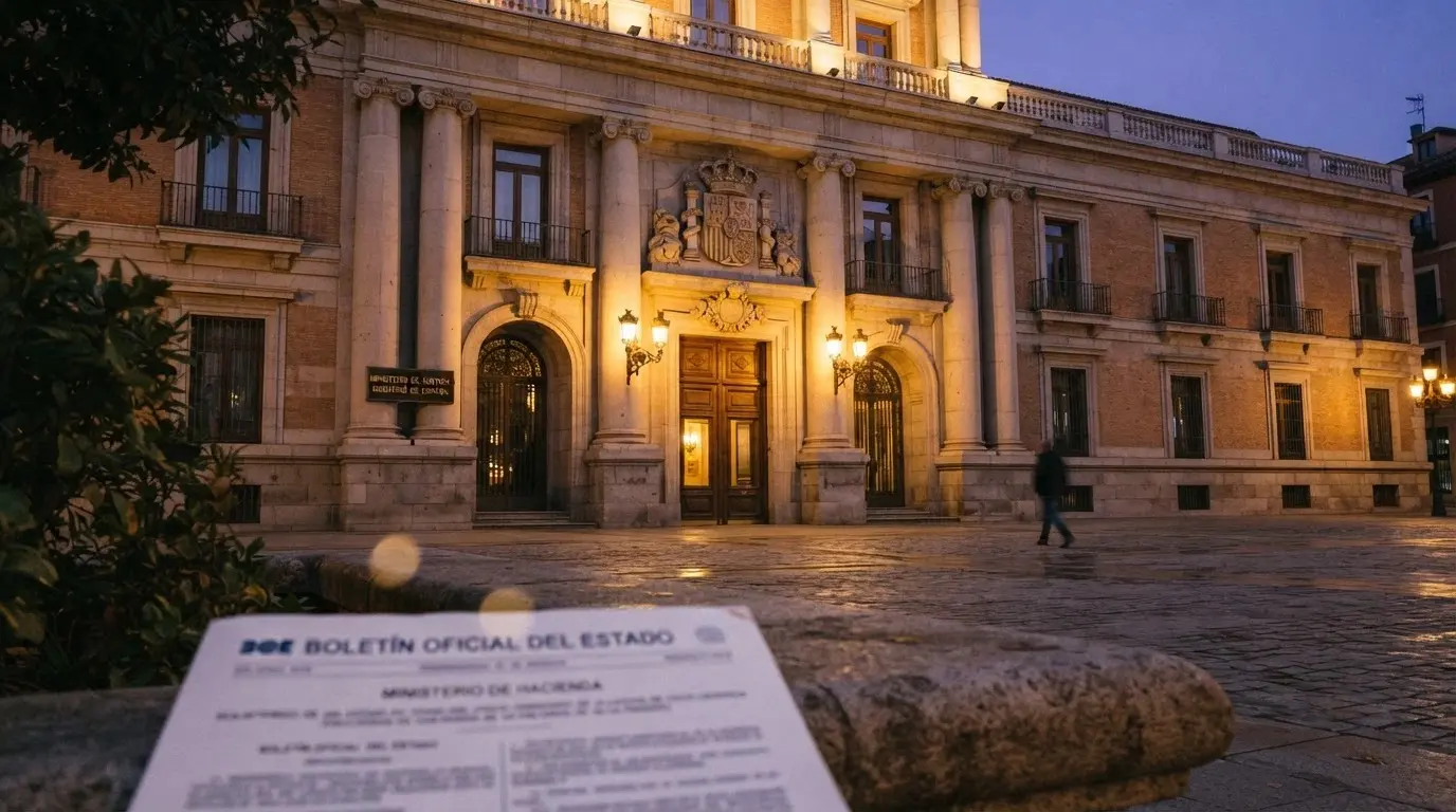 Fachada del edificio de la DGOJ en Madrid con el logotipo oficial en la entrada y, superpuesto, un extracto del BOE con el Real Decreto 520/2026