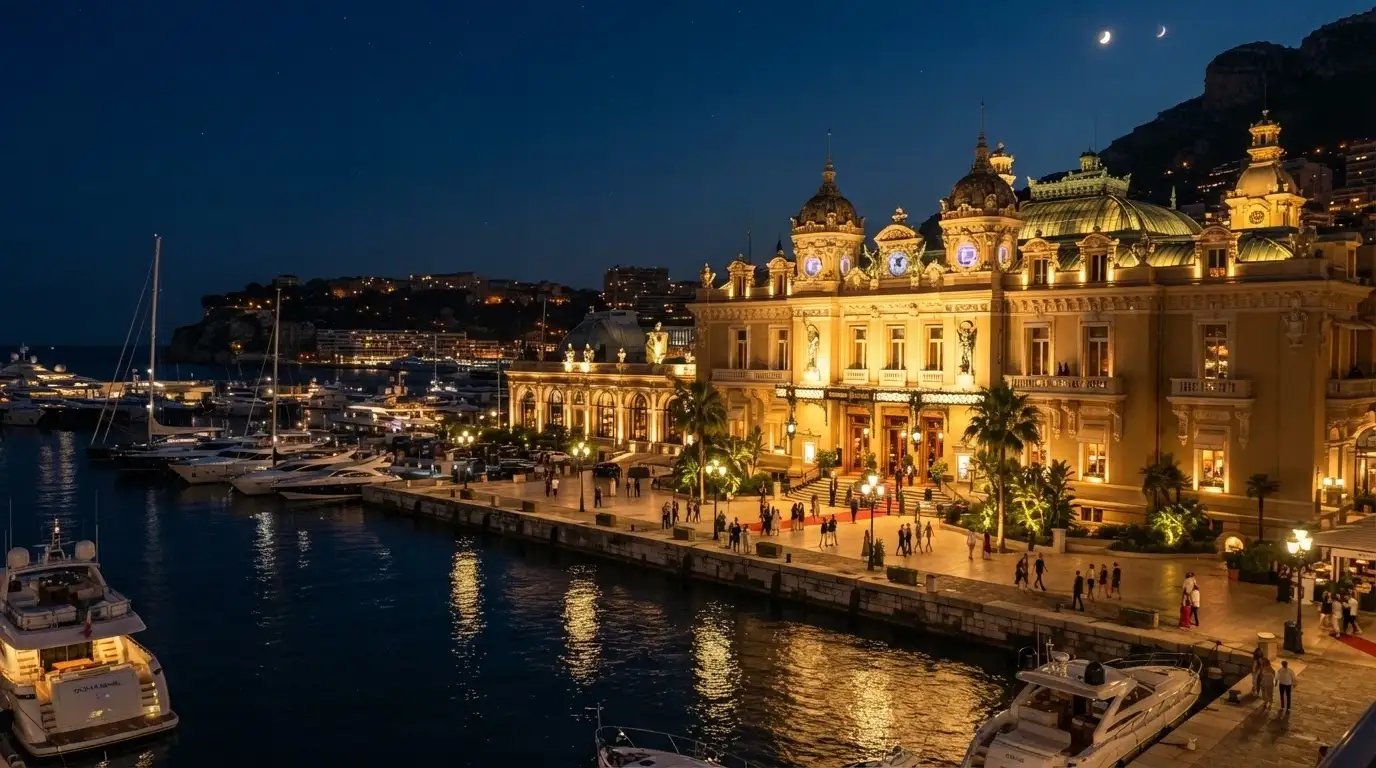 Vista nocturna del edificio del Casino Barcelona iluminado junto al Port Olímpic