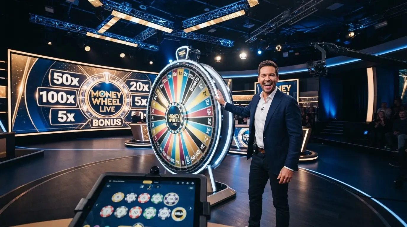 Estudio de Evolution Gaming con el presentador en vivo junto a la rueda de Crazy Time, la pantalla gigante de multiplicadores detrás y la interfaz de apuesta visible en primer plano