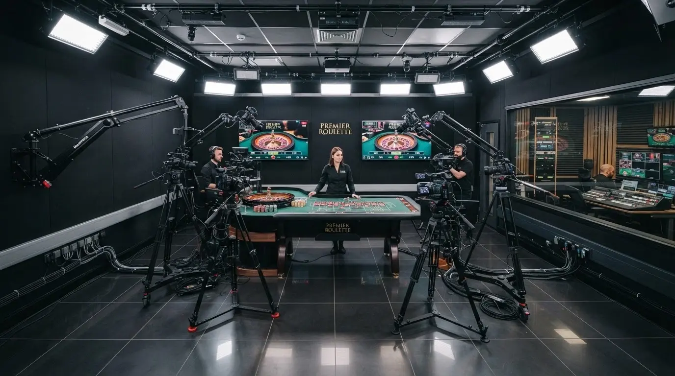 Interior de un estudio de casino en vivo de Evolution Gaming con iluminación profesional, mesa de ruleta y equipo de cámaras para streaming HD