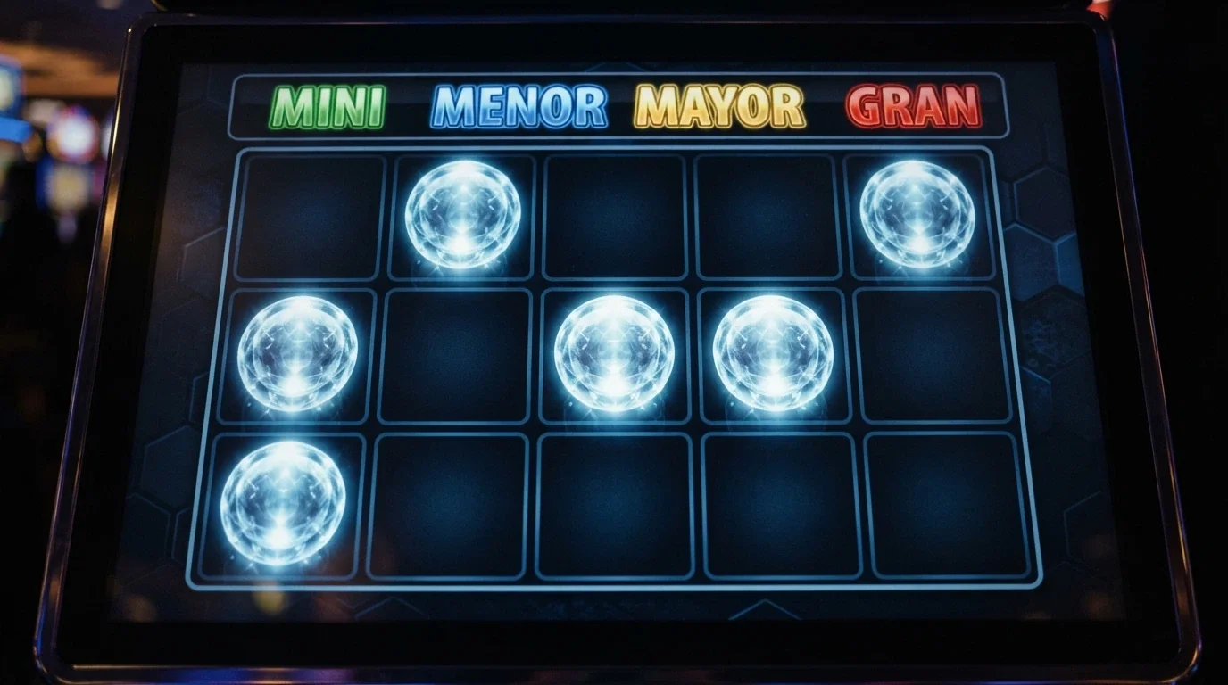 Primer plano de la cuadrícula de bonificación Fire Blaze con símbolos de cristal y los marcadores Mini, Minor, Major y Grand visibles
