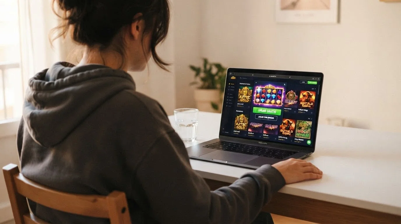 Pantalla de un casino .es mostrando el botón de «jugar gratis» o «demo» junto a una tragaperras Fire Blaze