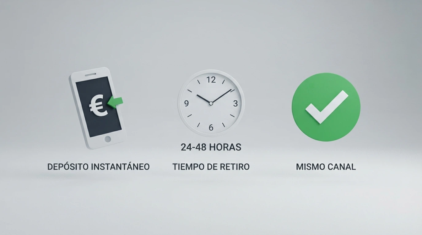 Infografía simplificada con tres íconos: un billete entrando al móvil (depósito instantáneo), un reloj con 24-48h (retiro por tarjeta) y un check verde (mismo canal de entrada y salida)
