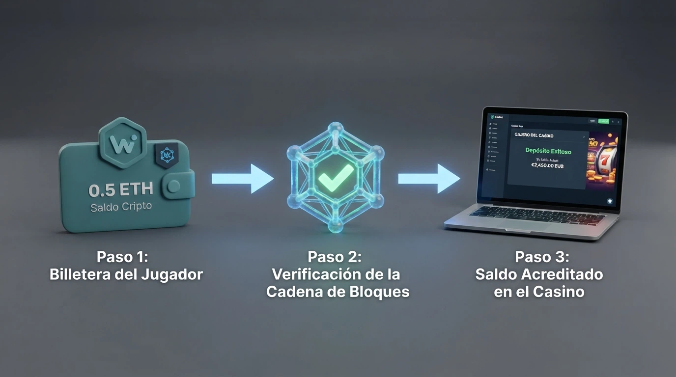 Diagrama con tres etapas: wallet del jugador con saldo en SOL, flecha hacia la red Solana con el icono de confirmación on-chain, y pantalla del casino con el saldo acreditado en euros