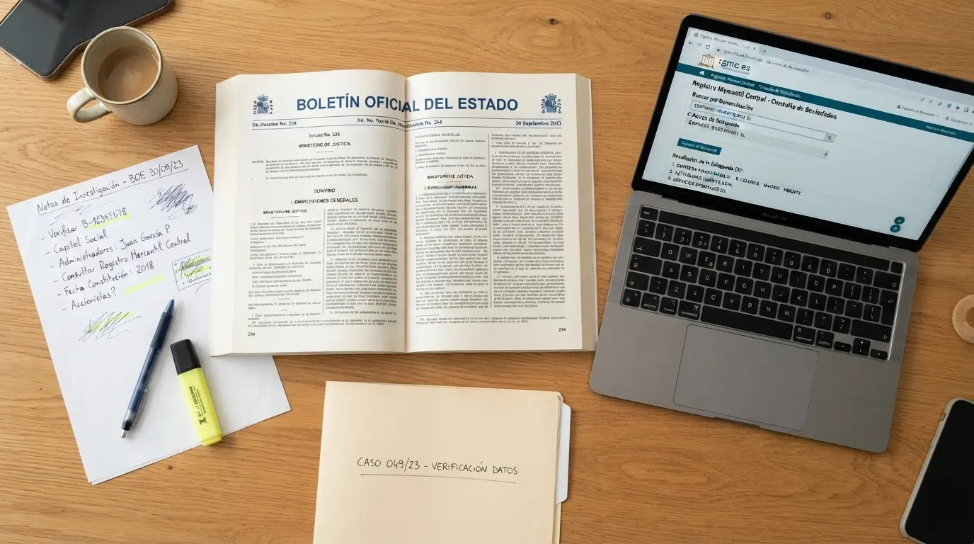 Documentos oficiales, el BOE, una pantalla con el registro de AGA y notas manuscritas de verificación sobre una mesa