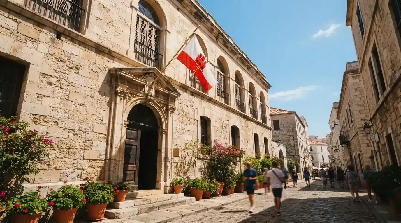 Fachada del edificio gubernamental de Gibraltar donde opera la Gambling Division, con la bandera de Gibraltar visible