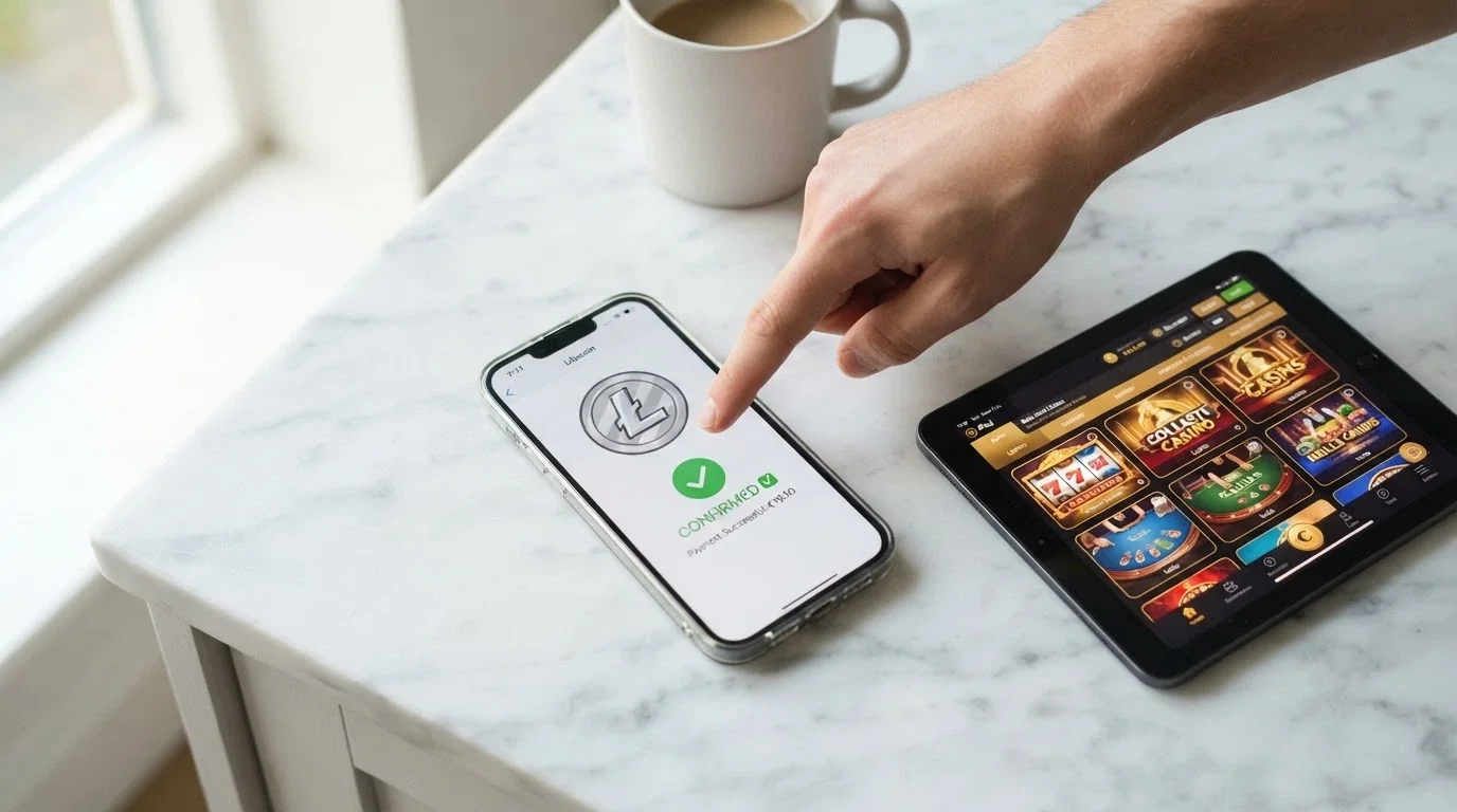 Un teléfono móvil mostrando una wallet de criptomonedas junto a la pantalla de un casino con el saldo recién acreditado en euros, conectados por una flecha