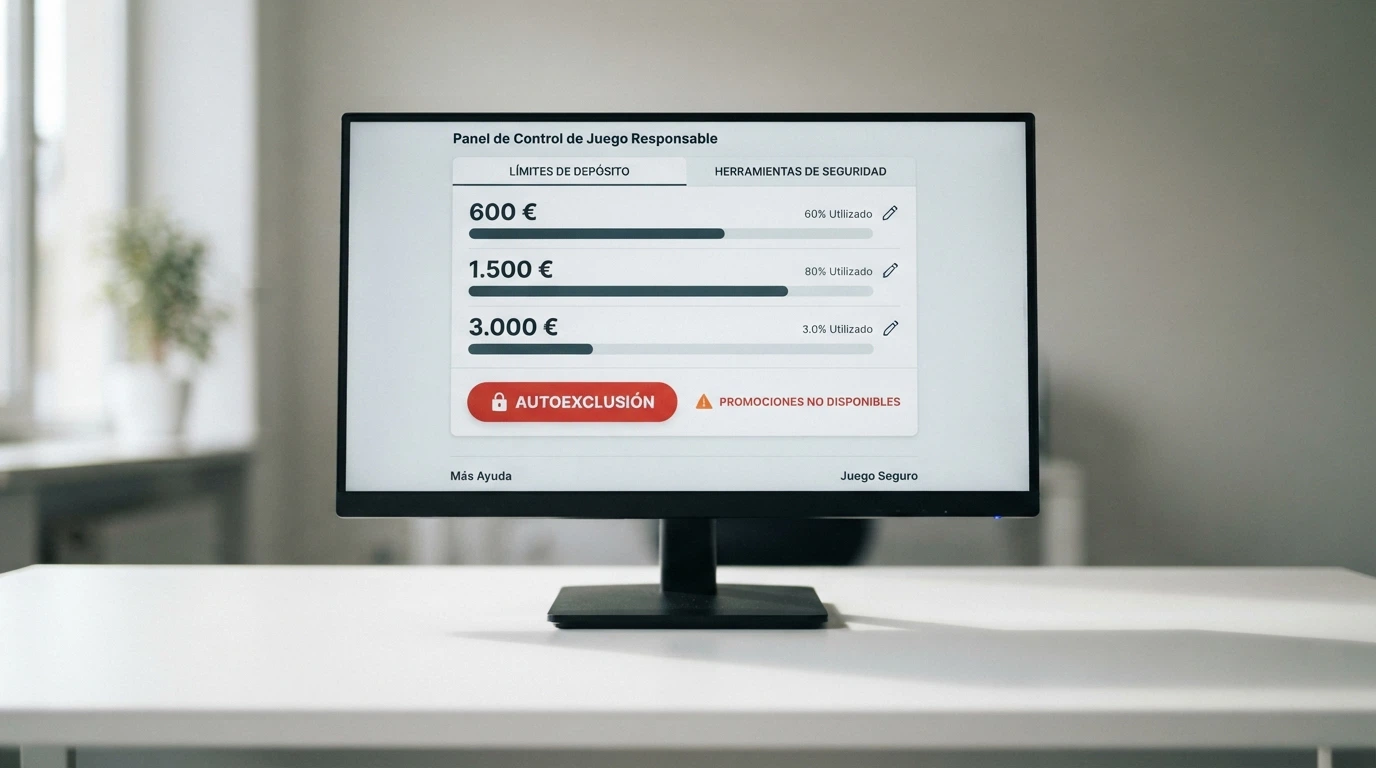 Un panel de control de juego responsable en la pantalla de un ordenador que muestra los límites de depósito (600 €, 1.500 €, 3.000 €), un botón de autoexclusión y un icono de alerta junto al texto «promociones no disponibles».