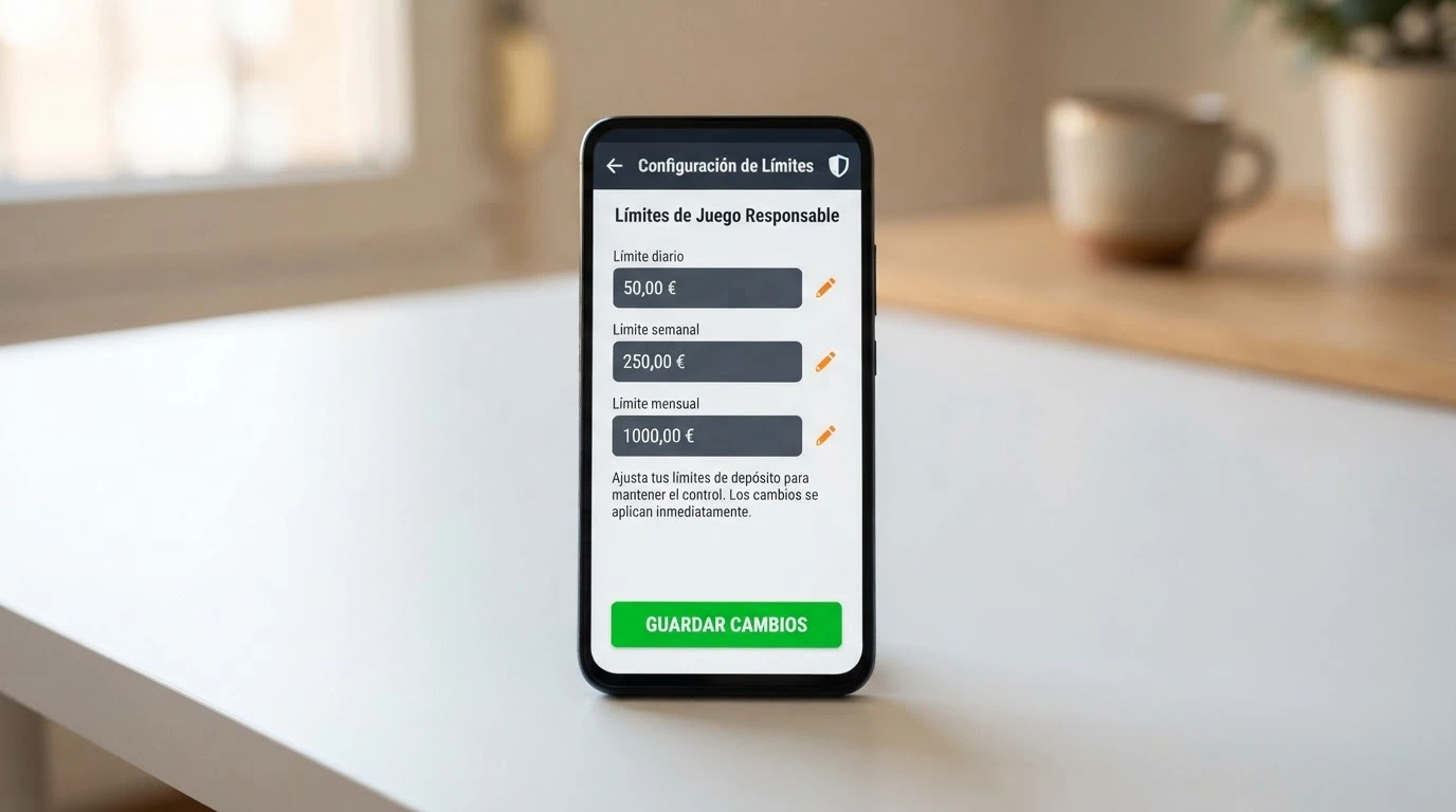 Panel de configuración de límites de depósito en un casino online español con los campos de límite diario, semanal y mensual