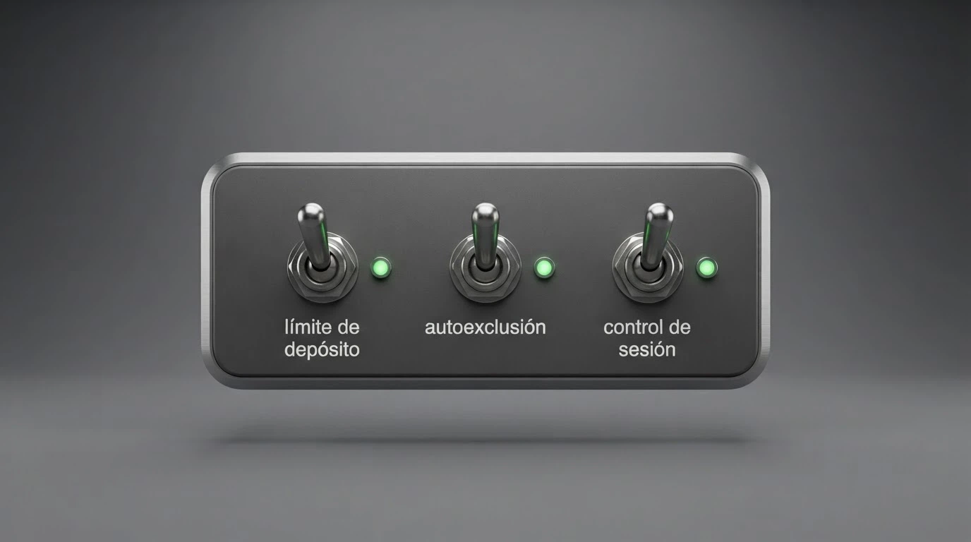Un panel de control con tres interruptores etiquetados «límite de depósito», «autoexclusión» y «control de sesión», los tres en posición de activado