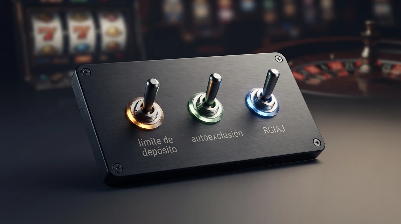 Un panel de control con tres interruptores iluminados: «límite de depósito», «autoexclusión» y «RGIAJ», sobre un fondo de pantalla de casino difuminado