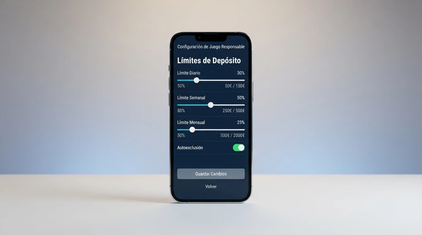 Móvil mostrando la pantalla de configuración de límites de depósito de un casino con licencia DGOJ, con el interruptor de autoexclusión visible