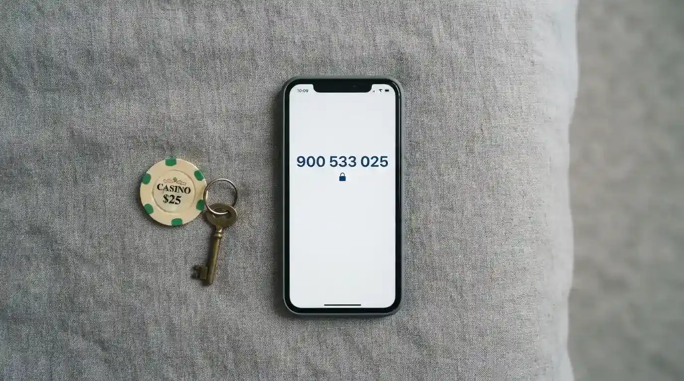 Teléfono móvil con el número 900 533 025 en pantalla y el logo de la DGOJ junto a un candado de seguridad
