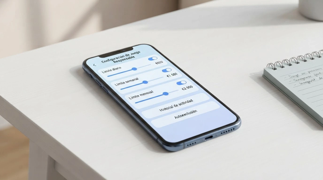 La pantalla de configuración de límites de depósito de un casino online español, con los controles de límite diario, semanal y mensual visibles