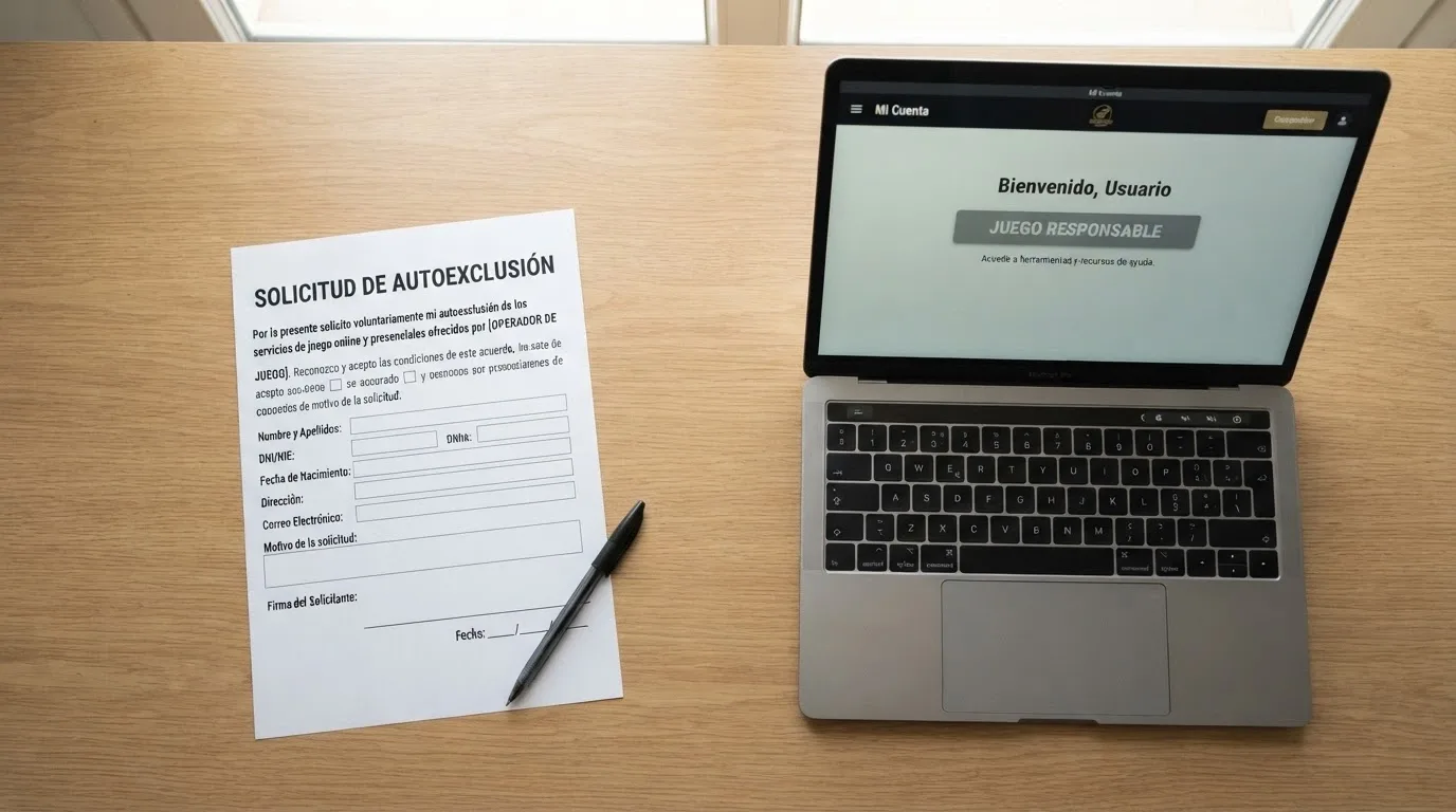 Un formulario de autoexclusión del RGIAJ sobre una mesa, y al lado una pantalla de casino offshore con el botón de «juego responsable» ausente o en gris