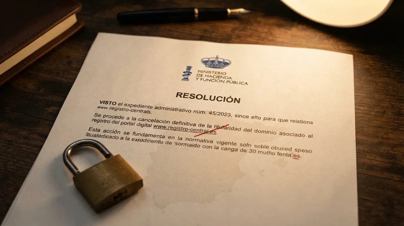 Documento oficial con sellos de jurisdicciones de juego y un dominio .es tachado en contraste con un candado abierto sobre un mapa de España