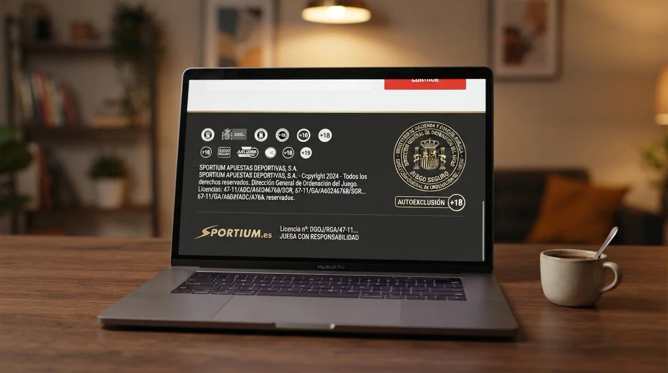 Sello de licencia de la DGOJ junto al dominio .es en el pie de página de un casino online autorizado