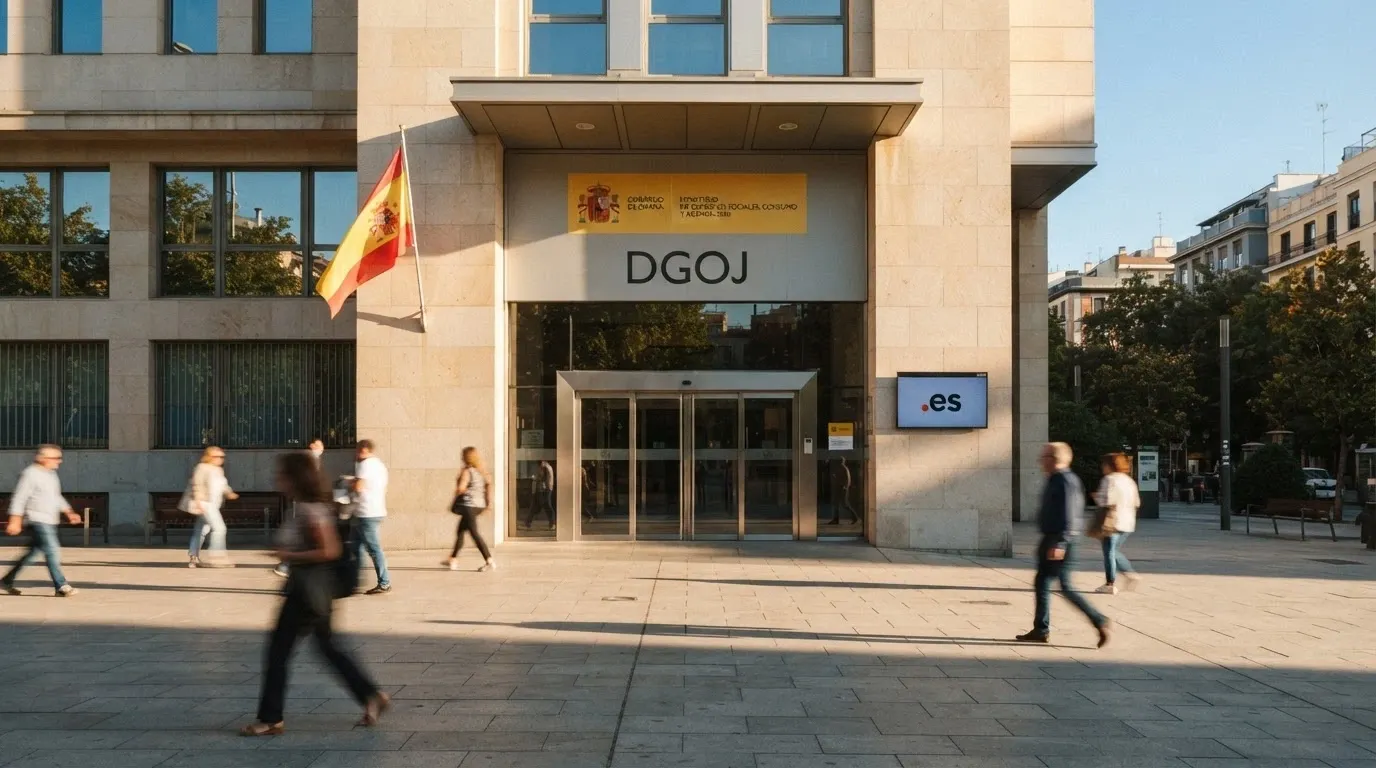 La fachada del edificio de la DGOJ o un sello oficial con la bandera de España y el dominio .es destacado en la pantalla de un ordenador