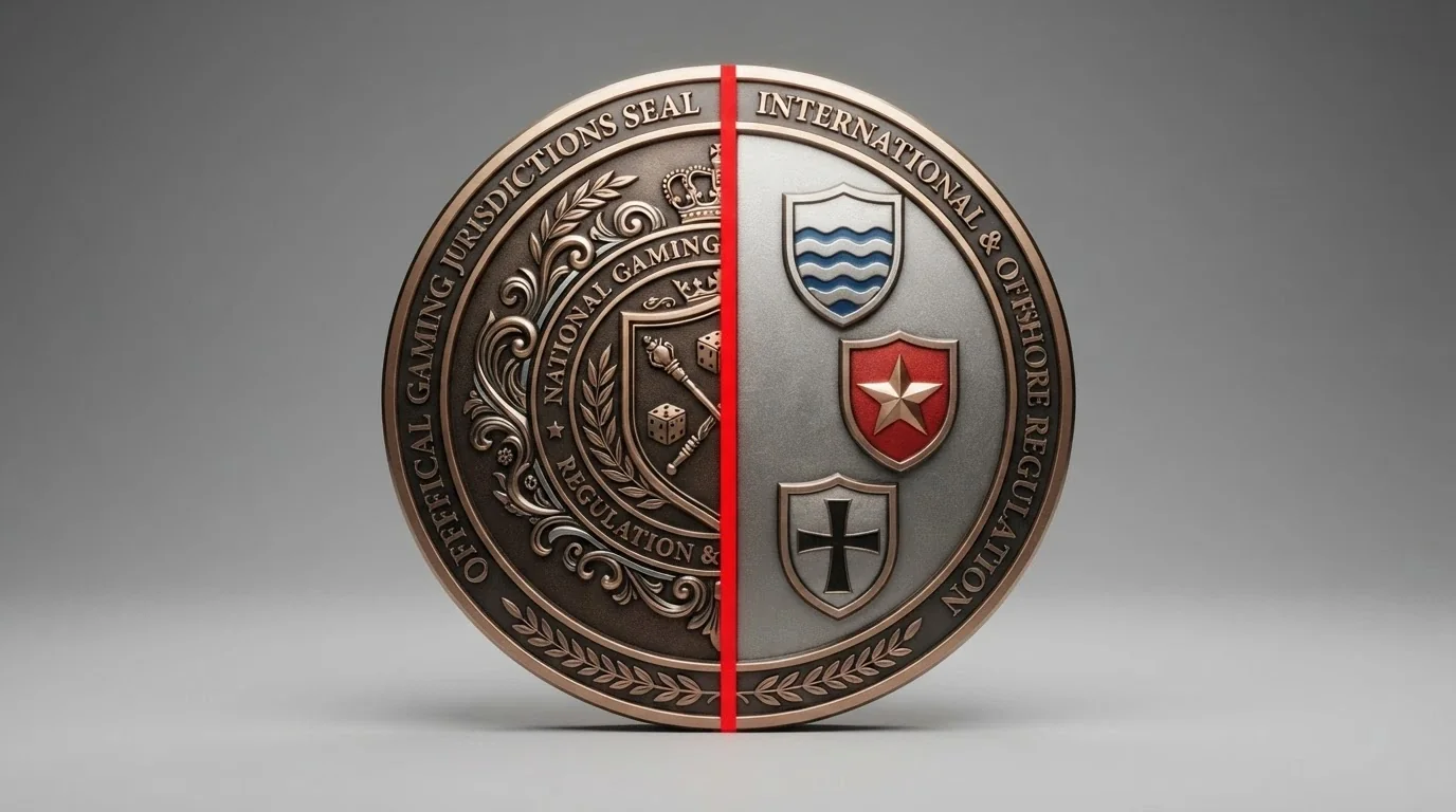 Un sello oficial con el escudo de España y las siglas DGOJ partido por una línea roja, y al otro lado tres escudos más pequeños con las palabras Curaçao, Anjouan y Costa Rica
