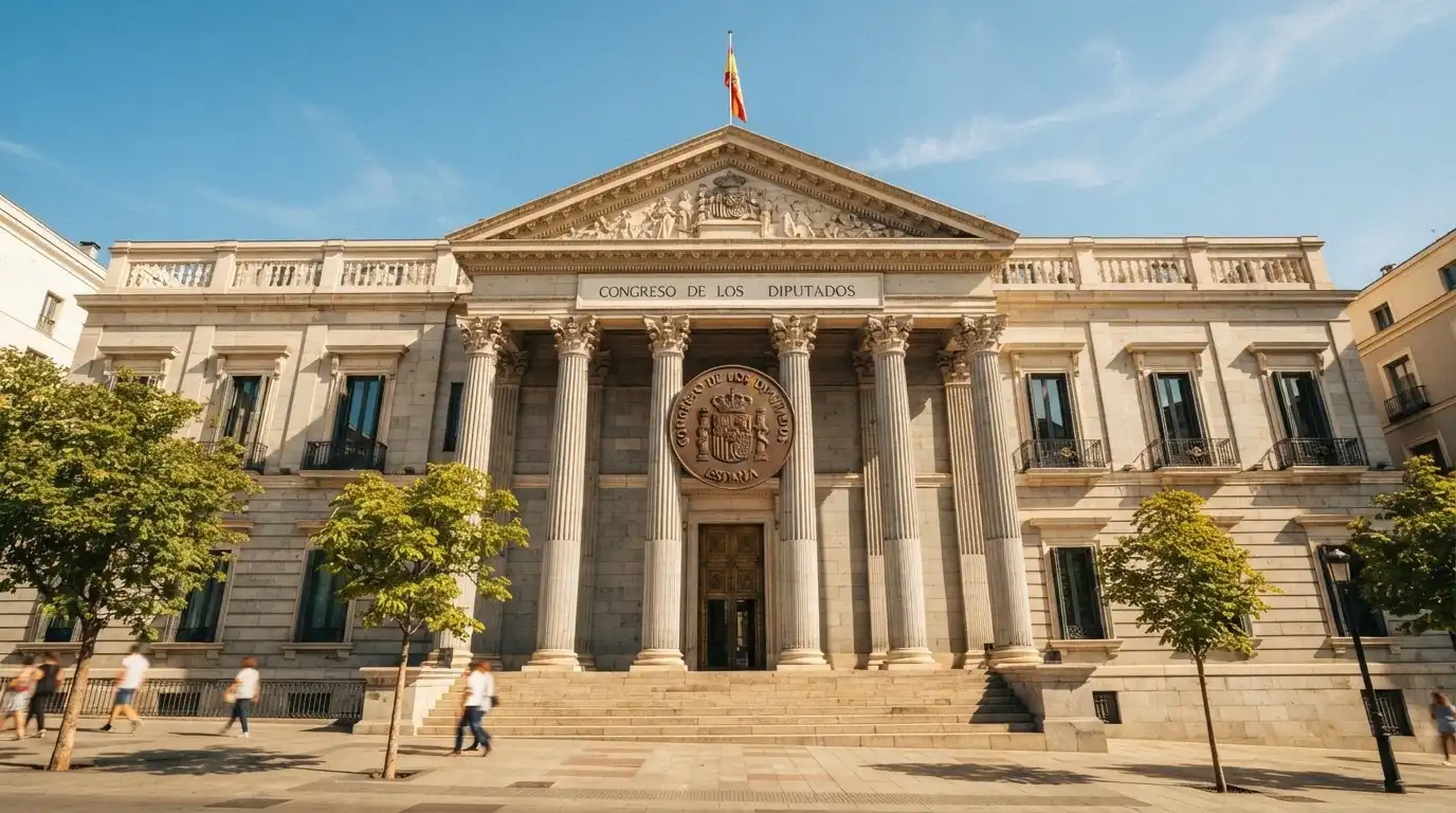 Edificio gubernamental español con el logotipo de la DGOJ superpuesto sobre un sello de autorización oficial