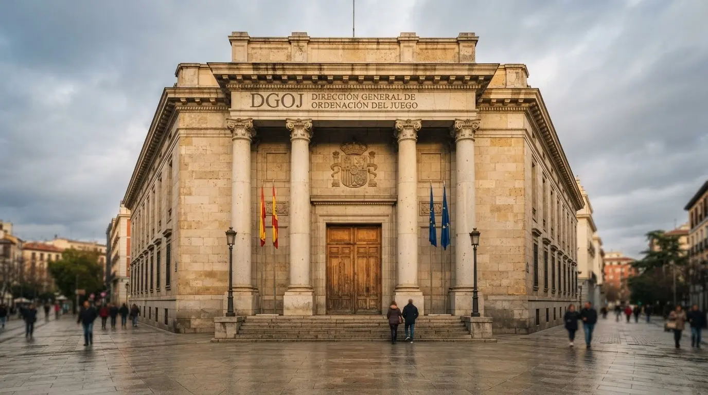 Fachada de un edificio oficial con el escudo del Ministerio de Derechos Sociales, Consumo y Agenda 2030 y la sigla DGOJ en la puerta