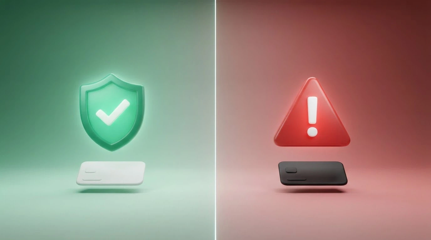 Comparativa visual entre un casino con dominio .es y sello de Juego Seguro (en verde, con candado) frente a un casino offshore sin licencia (en rojo, con signo de advertencia), ambos mostrando Apple Pay como opción de pago.