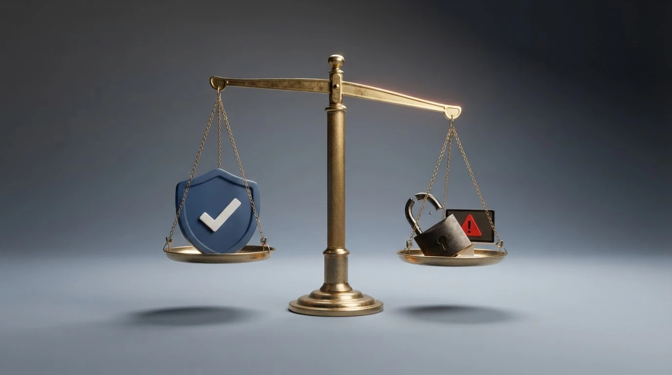 Una balanza jurídica: en un platillo, el escudo de la DGOJ con un dominio .es; en el otro, una pantalla con el mensaje de «sitio no autorizado» y un candado roto