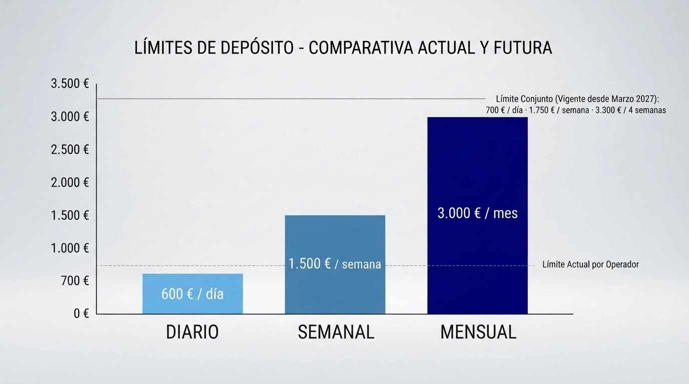 Gráfico con barras que representan los límites de depósito diarios, semanales y mensuales en España