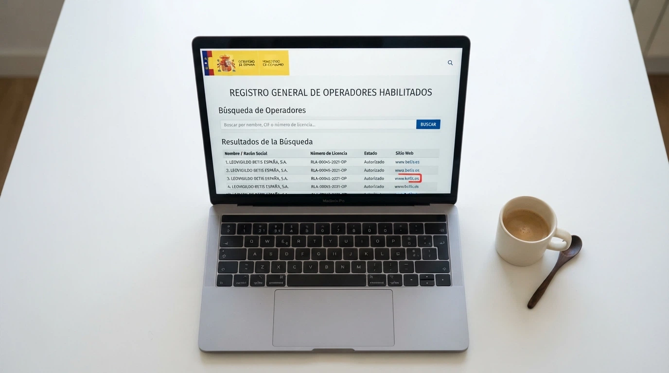 Pantalla del registro oficial de operadores de la DGOJ en ordenacionjuego.es con un dominio .es visible
