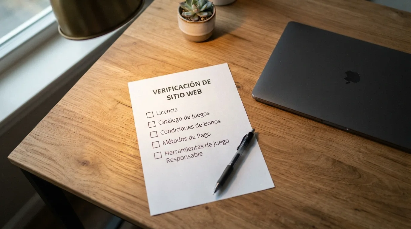 Escritorio de trabajo con una lista de comprobación visible: licencia DGOJ, catálogo Hacksaw, condiciones de bono, métodos de pago