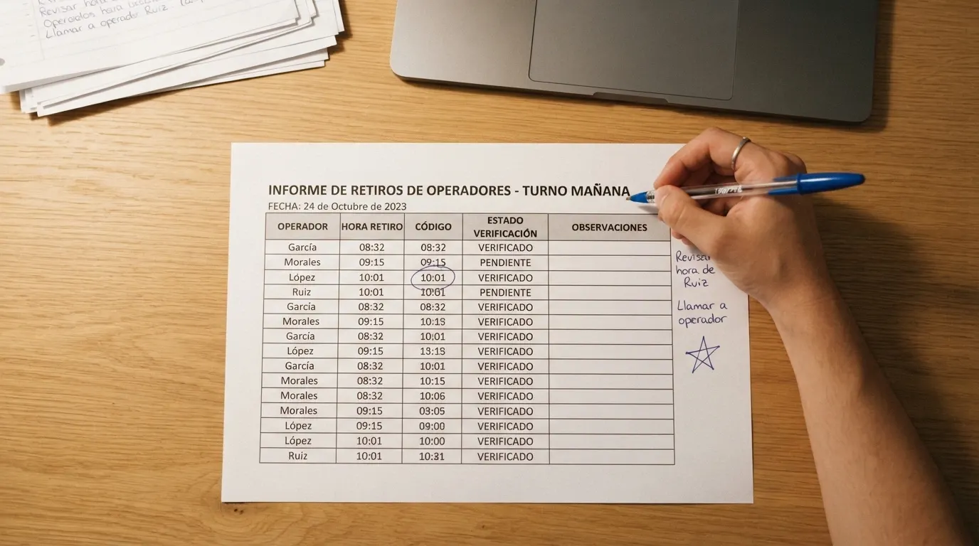 Captura de un extracto de hoja de cálculo con filas de operadores, columnas de datos y anotaciones a mano