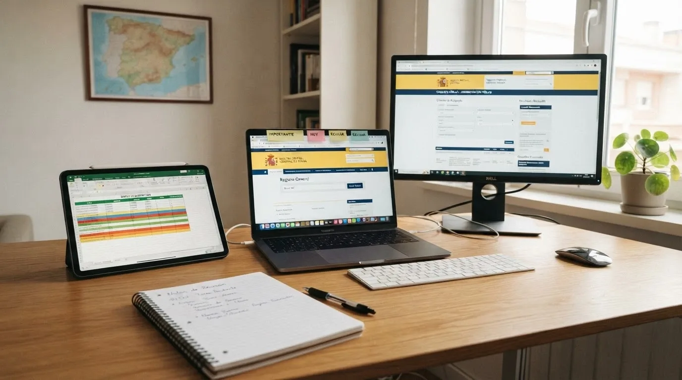 Escritorio de trabajo con el registro de la DGOJ abierto en una pantalla, una tabla de criterios en otra y las páginas de los operadores analizados en una tercera, con anotaciones y marcadores
