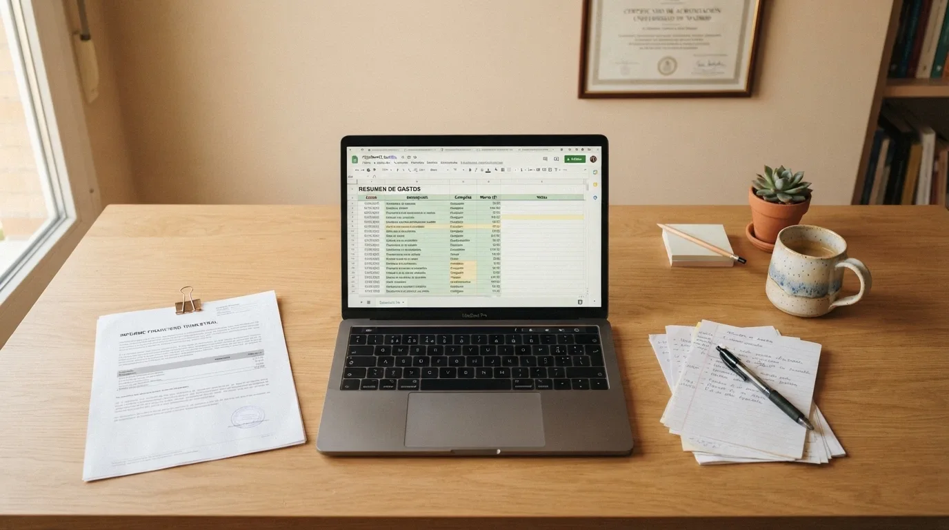 Escritorio de trabajo con documentación normativa (BOE, web DGOJ) y pantalla con ficha de operador