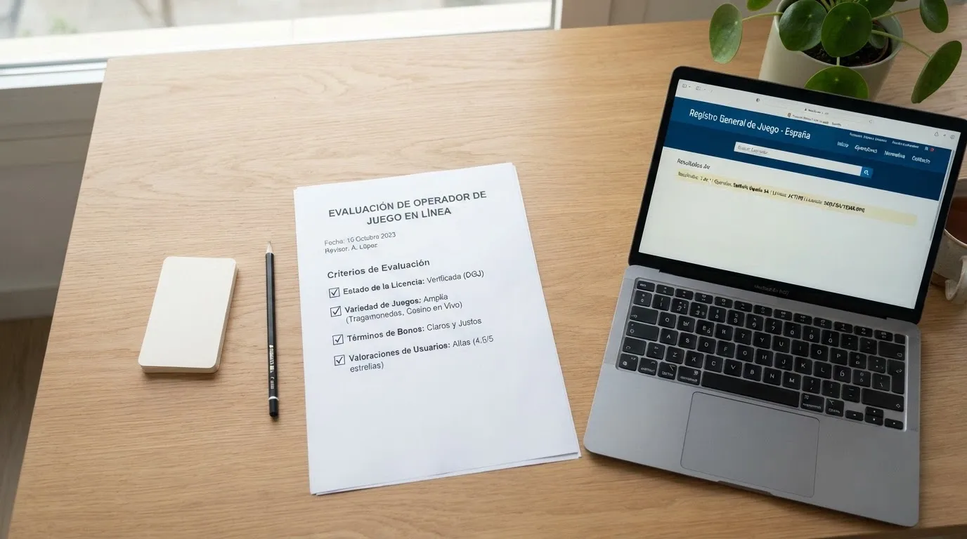 Documento con los criterios de evaluación (licencia DGOJ, oferta de bingo, condiciones de bono, valoraciones) sobre una mesa junto a una pantalla con el registro de ordenacionjuego.es abierto